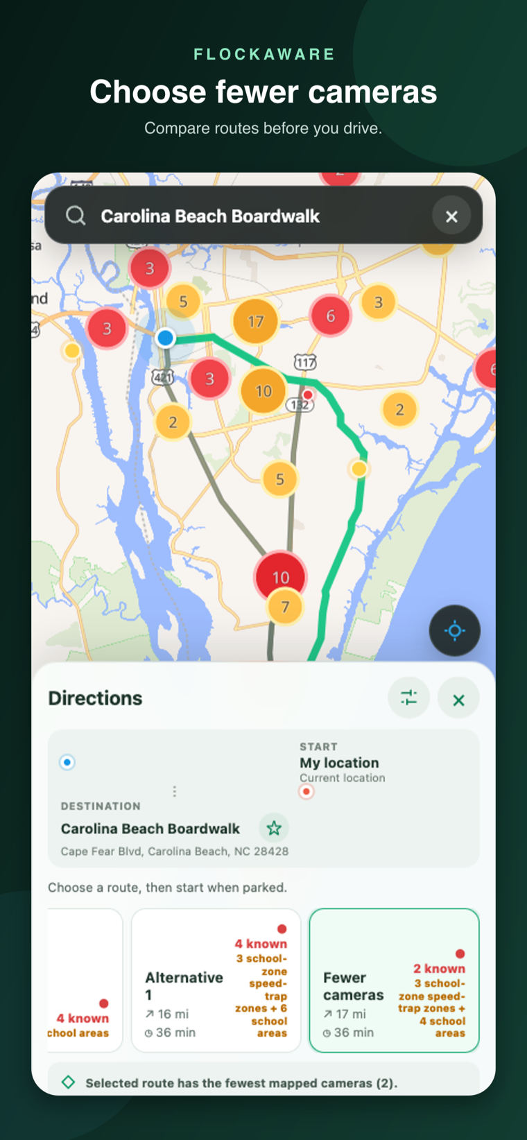 FlockAware comparing routes with different mapped camera exposure