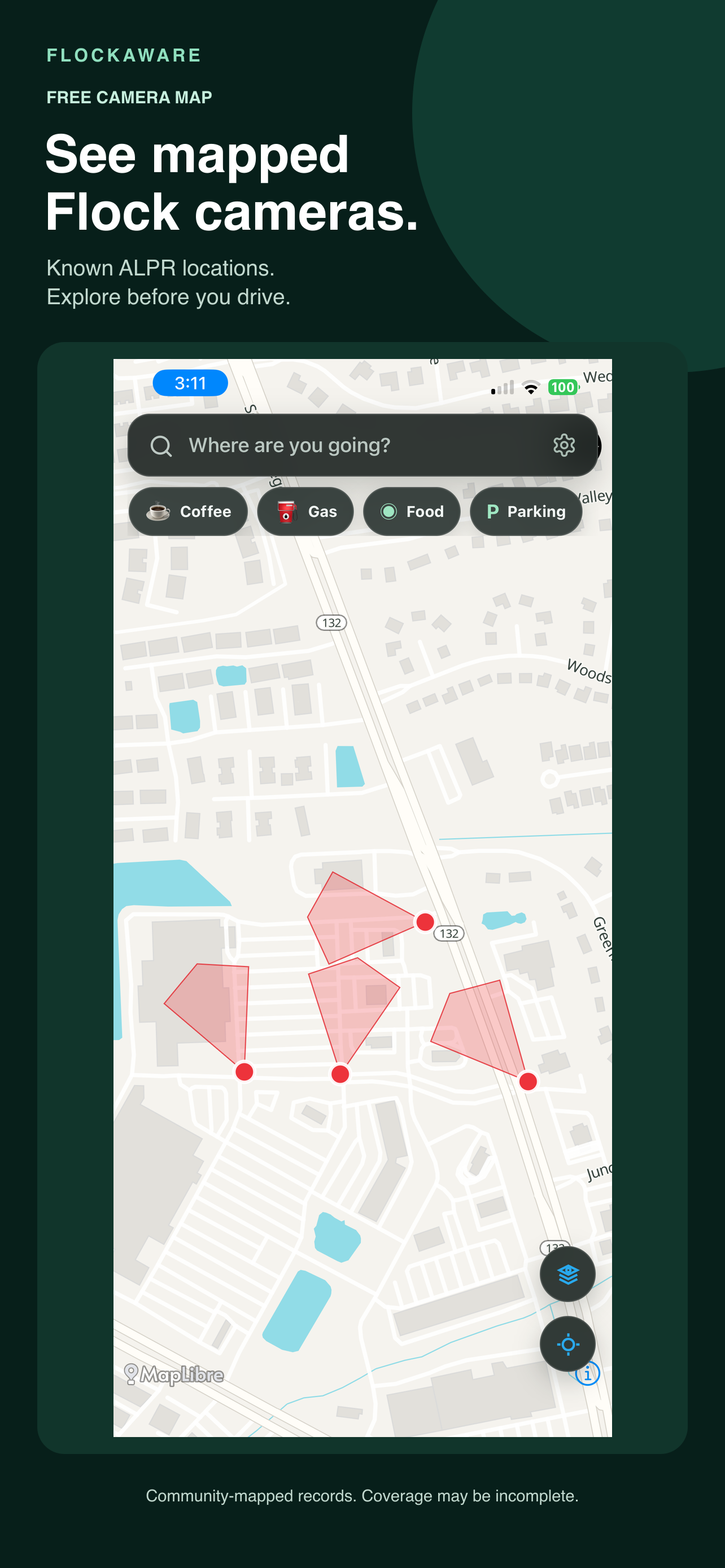 Genuine FlockAware app screenshot of mapped cameras; static preview