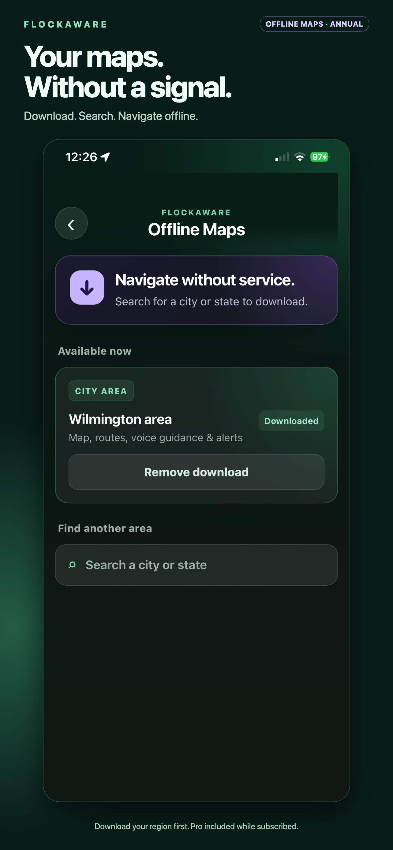 FlockAware Offline Maps screen showing a downloaded Wilmington region