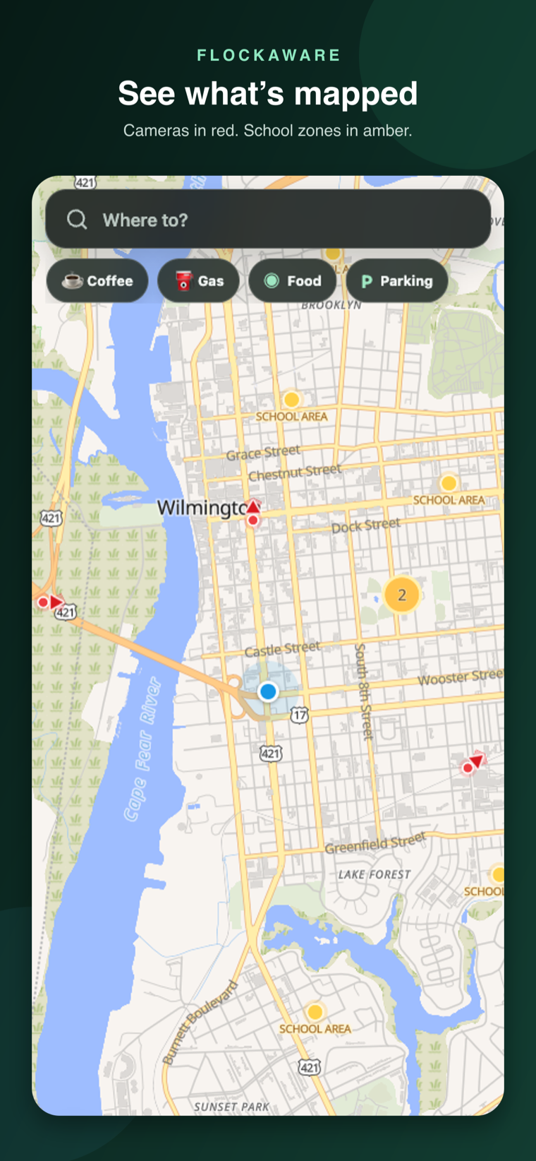 FlockAware app screenshot showing mapped cameras and school areas
