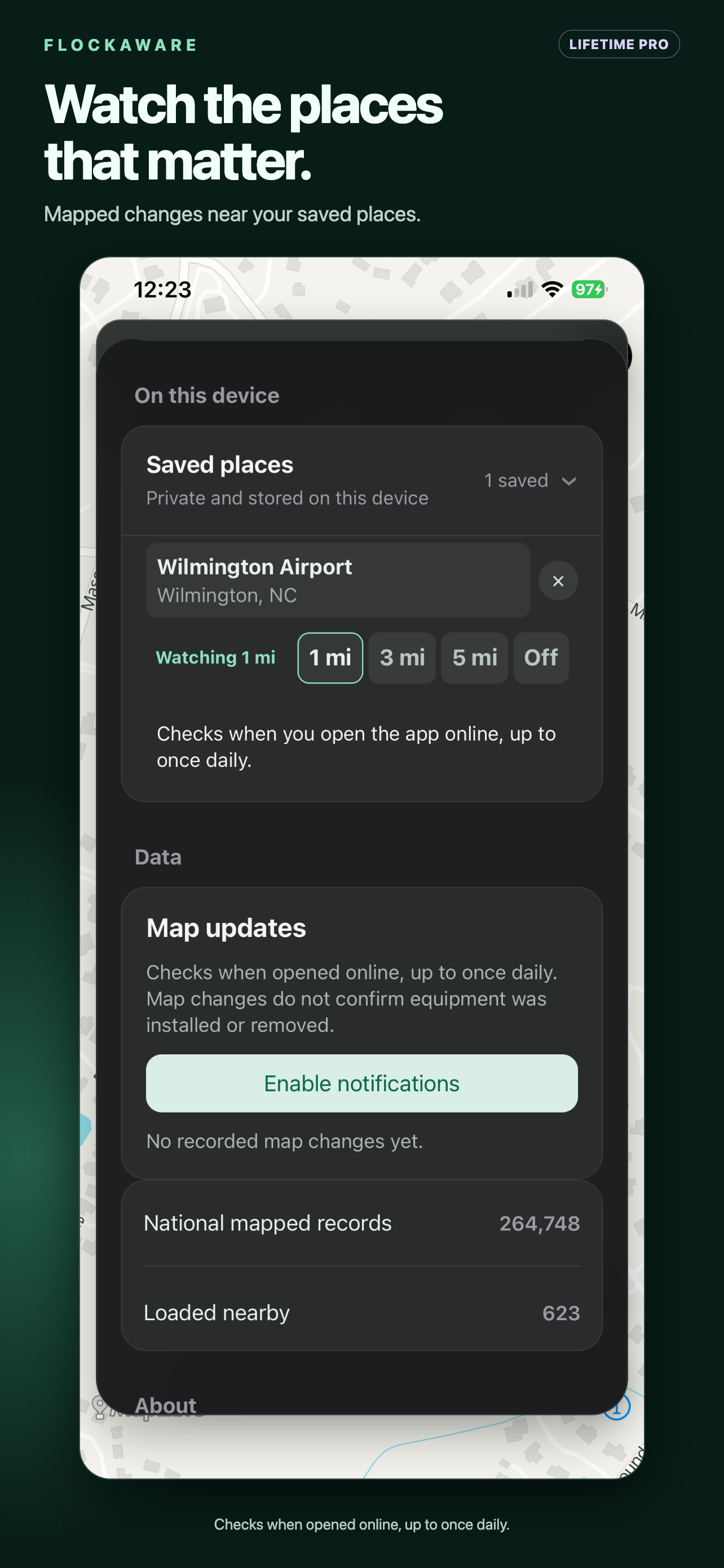 Wilmington Airport saved locally with a one-mile Pro watch radius selected